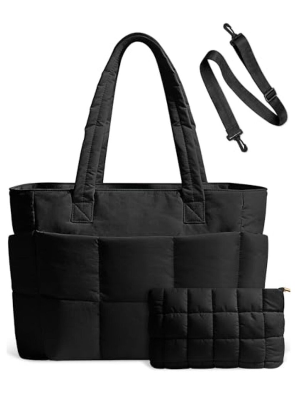 Quilted Nylon Puffer Tote Bag 2-Pack with Laptop Pocket, Luggage Strap,